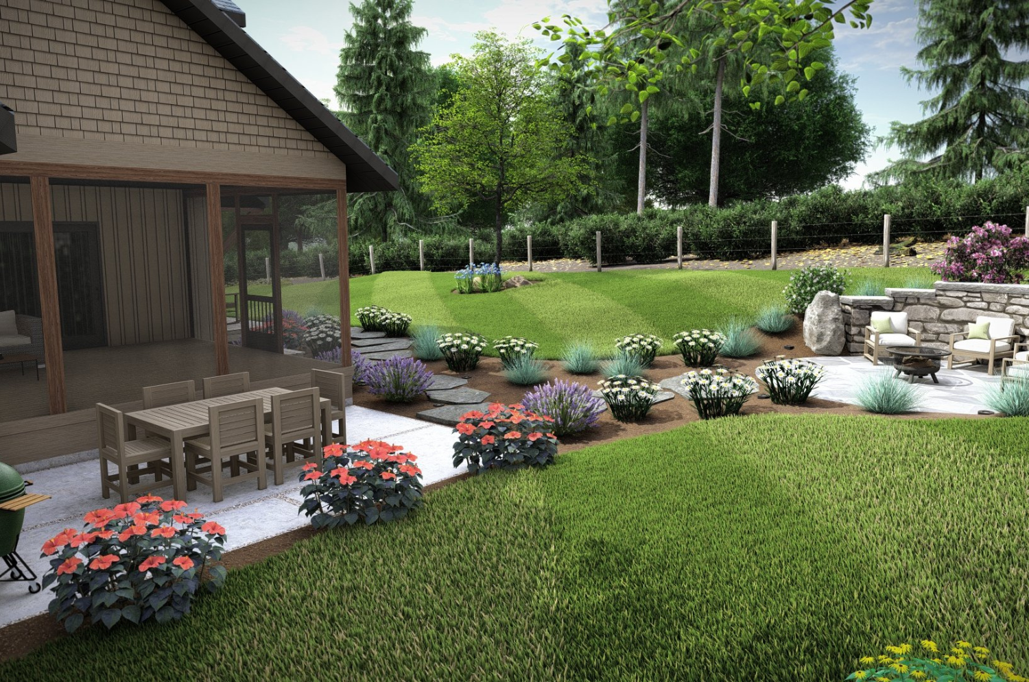 Beautiful landscape design in Etowah, NC, showcasing a spacious backyard with vibrant flower beds, a stone pathway, a cozy patio seating area, and a screened porch for relaxation.