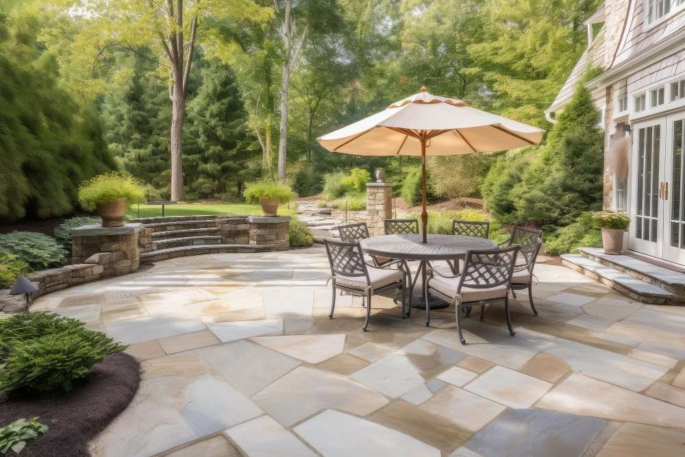 Beautiful stone patio surrounded by lush greenery, designed and installed with expert landscaping services in Etowah, NC, creating a serene outdoor dining area with a central umbrella-shaded table.
