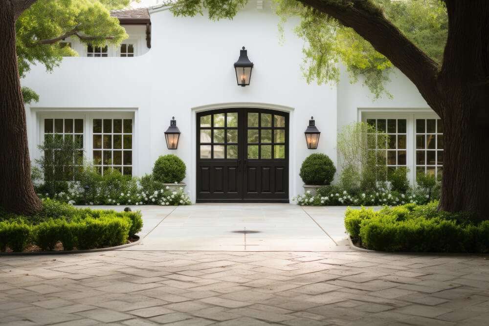 Elegant residential entrance featuring a modern driveway with pavers, framed by lush greenery and decorative lighting, illustrating contemporary driveway design trends.