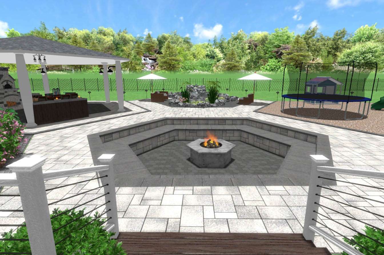 3D rendering of a beautifully designed outdoor space featuring a fire pit, pergola, and landscaped areas, highlighting professional landscaping services in Etowah, NC.
