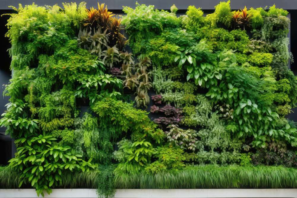 Green living wall featuring a lush arrangement of various plants, enhancing modern outdoor spaces and promoting natural aesthetics in retaining wall design.
