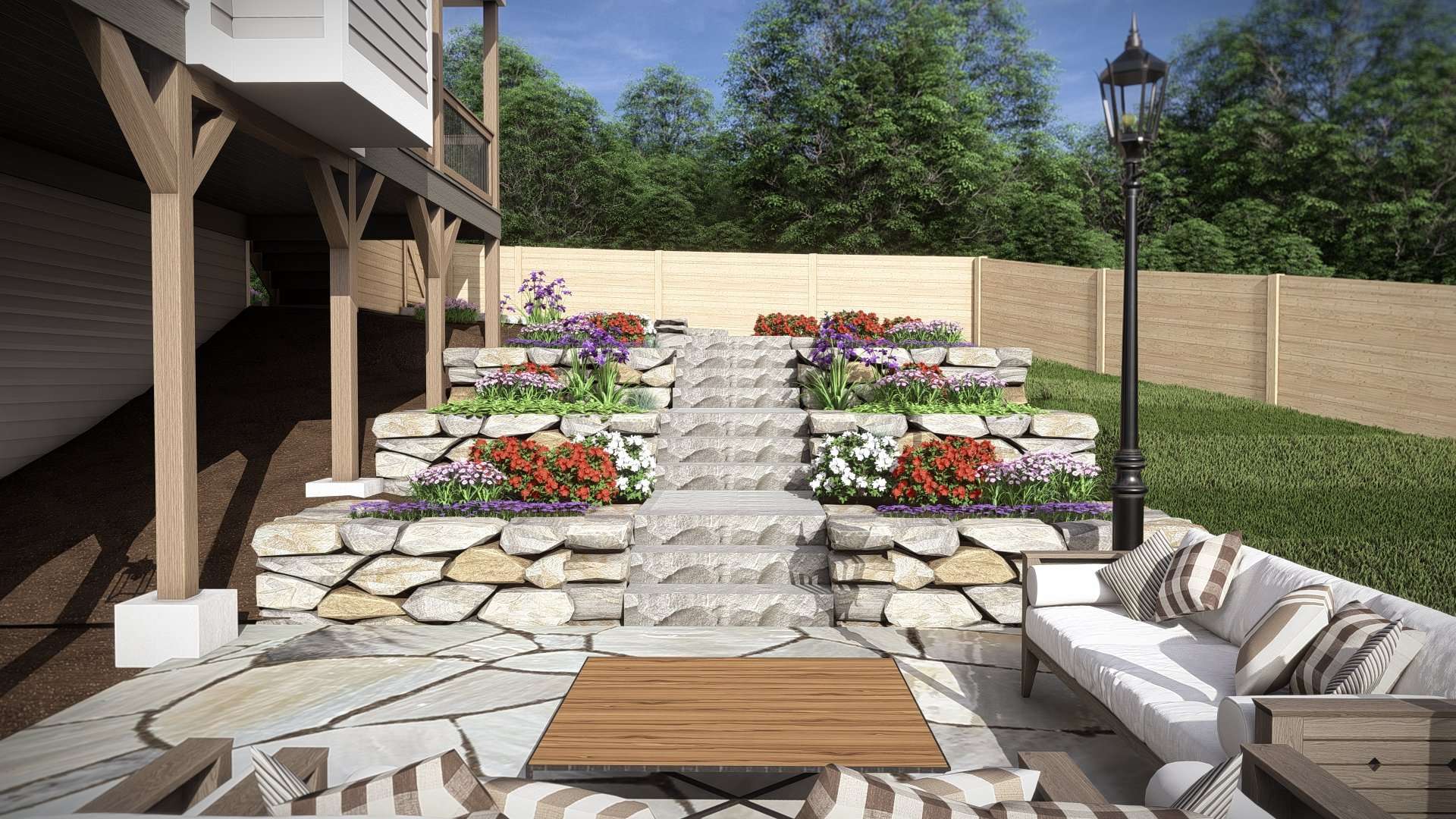 Elegant multi-level garden design with stone steps, vibrant flower arrangements, and a cozy seating area, highlighting professional landscape design in Etowah, NC for stunning outdoor transformations.