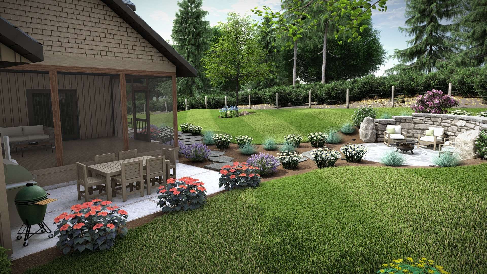 A backyard showcasing a custom landscape design in Etowah, NC, featuring a cozy fire pit area, vibrant flower beds, lush green grass, and a dining setup under a screened porch for functional outdoor living.