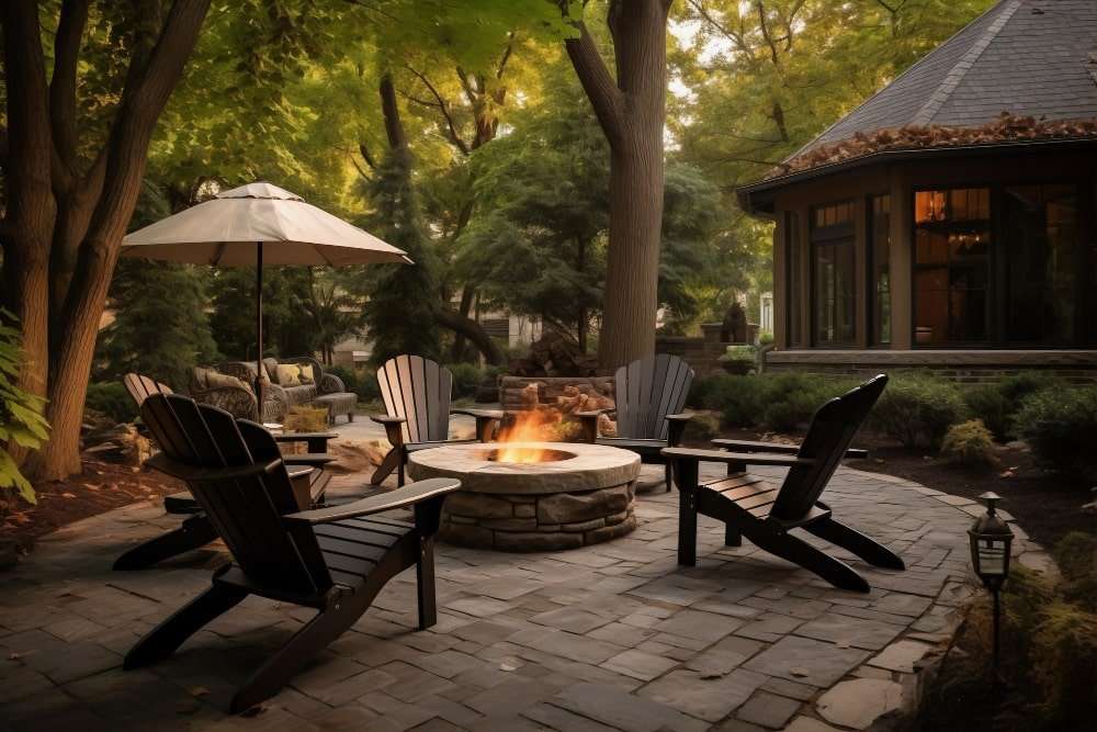 Cozy backyard fire pit surrounded by Adirondack chairs on a beautifully landscaped patio in Etowah, NC, showcasing expert landscaping services and tranquil outdoor living spaces.